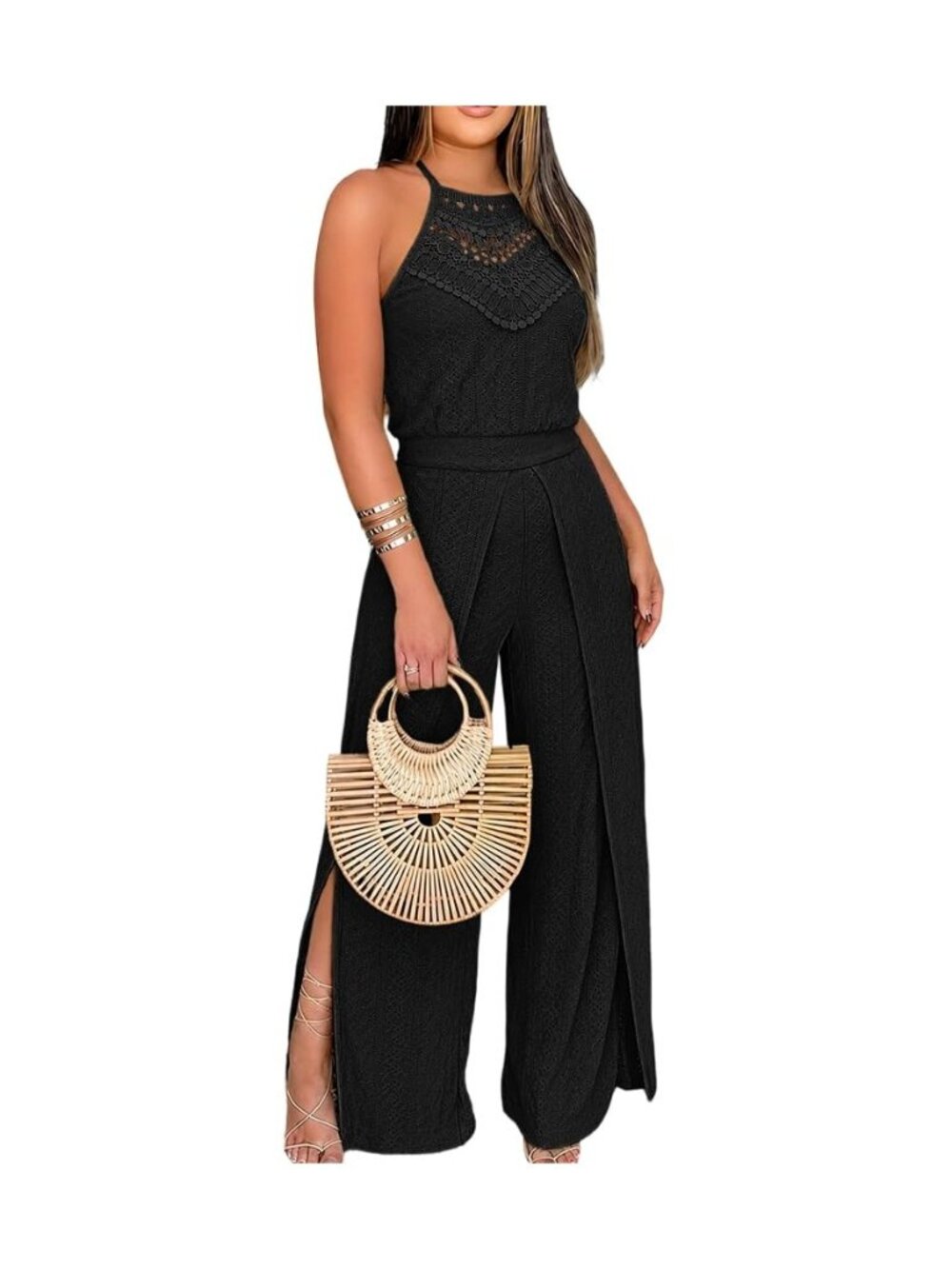 Women's Eyelet Halter Jumpsuit High Waist Wide Leg Outfit